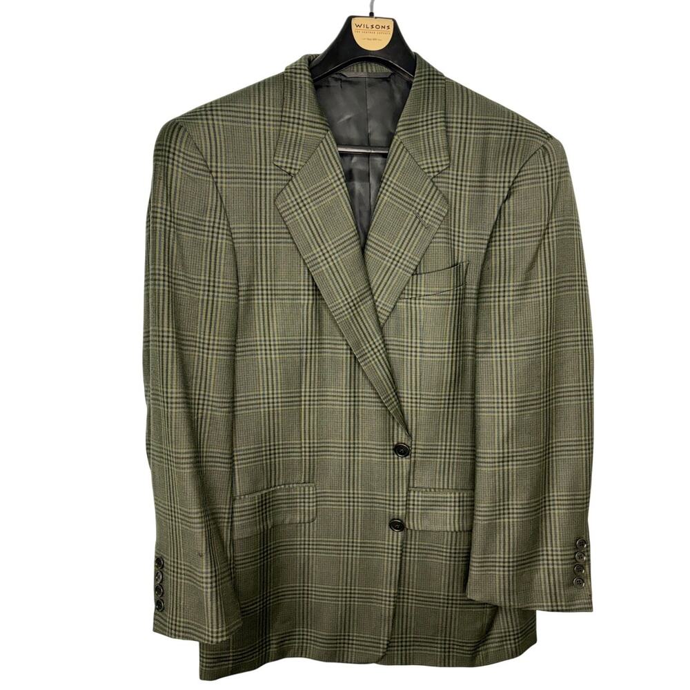 Hickey Freeman Wool Sport Coat Blazer Size 42R Glen Plaid Prince of Wales Green